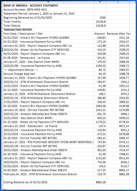 Raw messy bank statement Excel export with metadata rows, mixed dates, date and description in one column, and inconsistent number formats