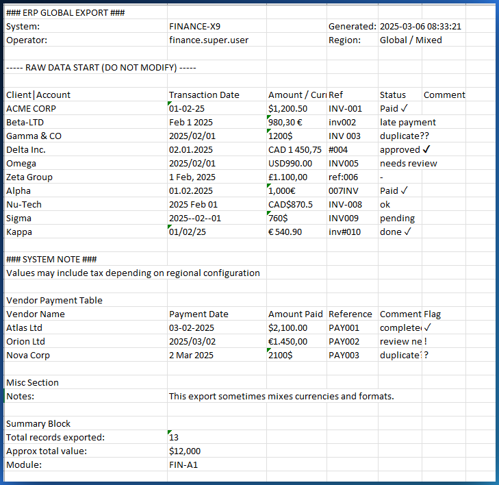 Raw messy spreadsheet with encoding issues, mixed formats, and duplicates